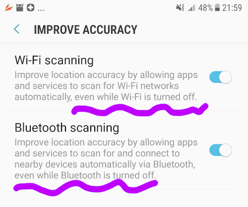 Google scans Wi-Fi and Bluetooth hotspots even when the features are "off"